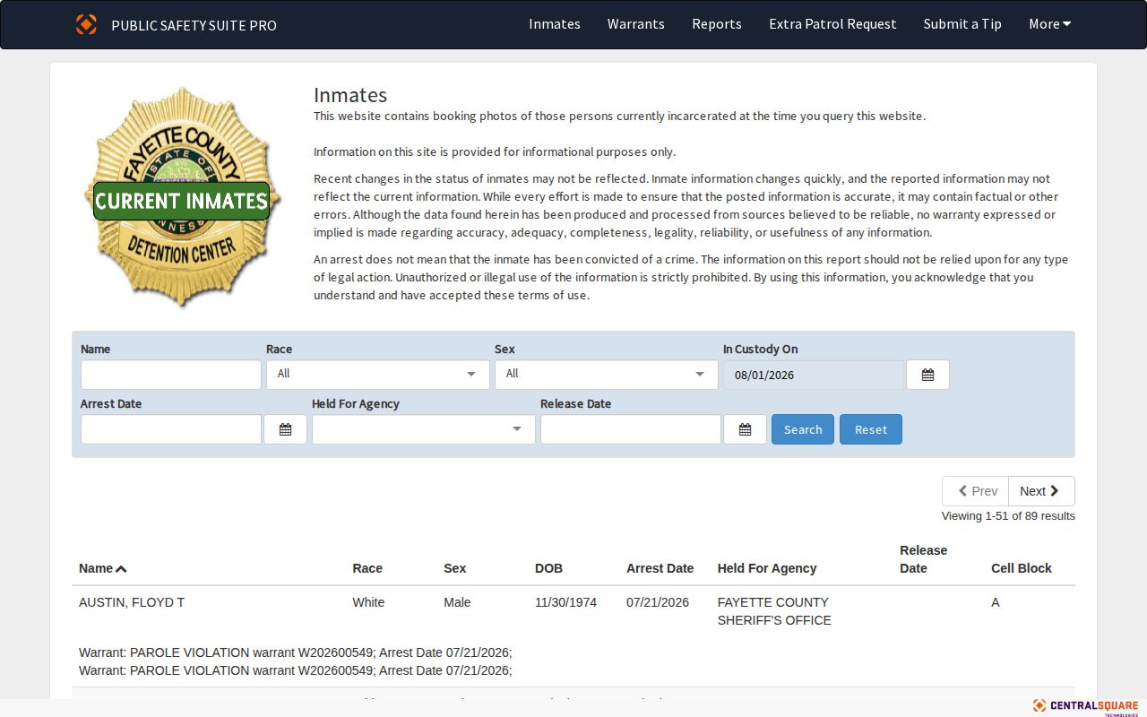 Fayette County current-inmate portal used to check possible booking photos before release