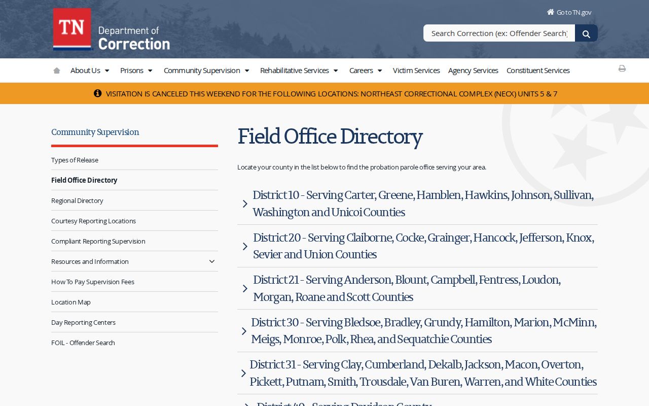 TDOC District 60 office for Fayette County probation and parole supervision