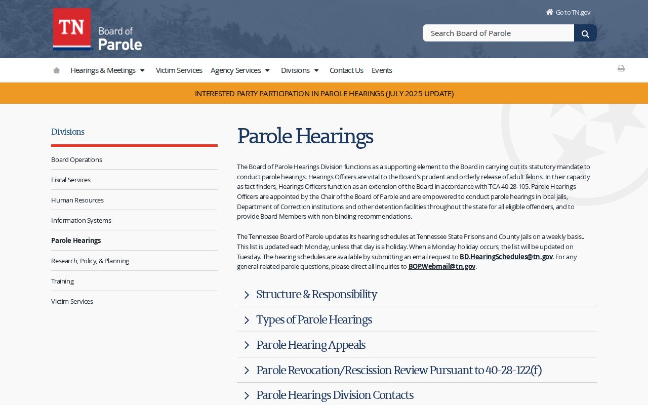Tennessee parole hearing schedule guidance for Fayette County release supervision